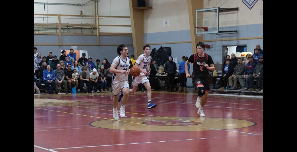GAMEPLAY – Levi Pederson dribbles the ball in the Nanooks’ game against the Wasilla Warriors during the Ruckus at the Rec on Friday, January 23.