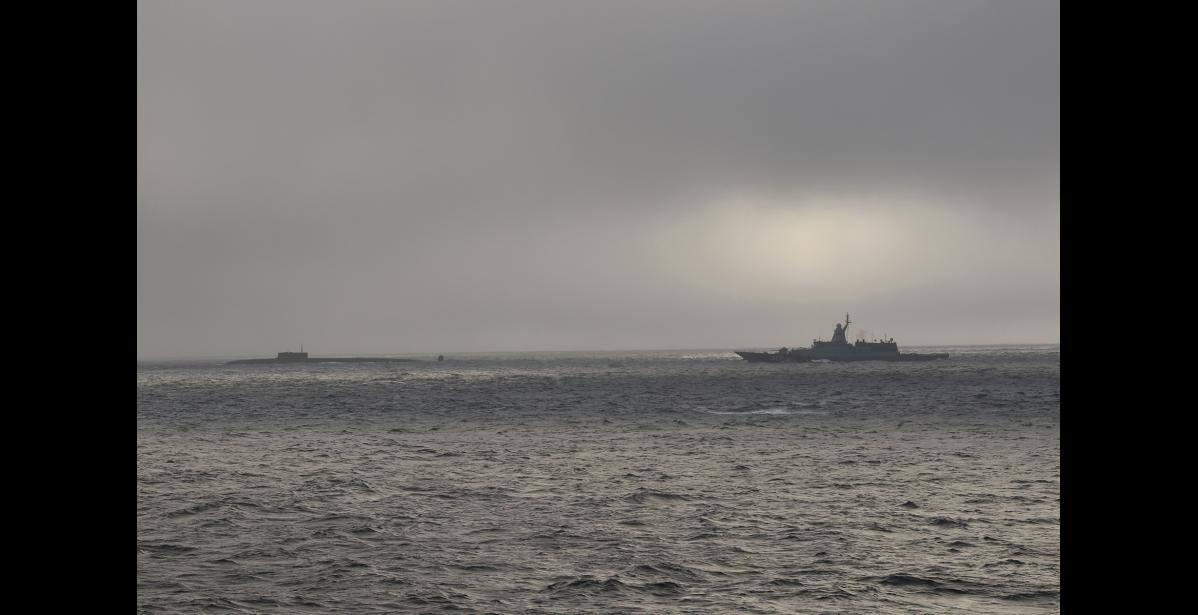 Photo courtesy USCG AVOIDING THE ICE— The crew of U.S. Coast Guard Cutter Stratton encountered and shadowed four Russian Federation Navy vessels 57 miles northwest of Point Hope, Sept. 15, 2024. The Russian fleet consisted of a Severodvinsk-class submarine, a Dolgorukiy-class submarine, a Steregushchiy– class Frigate, and a Seliva-class tug. Stratton patrolled under Operation Frontier Sentinel, a Coast Guard operation designed to meet presence with presence when strategic competitors operate in and around U.S. waters.