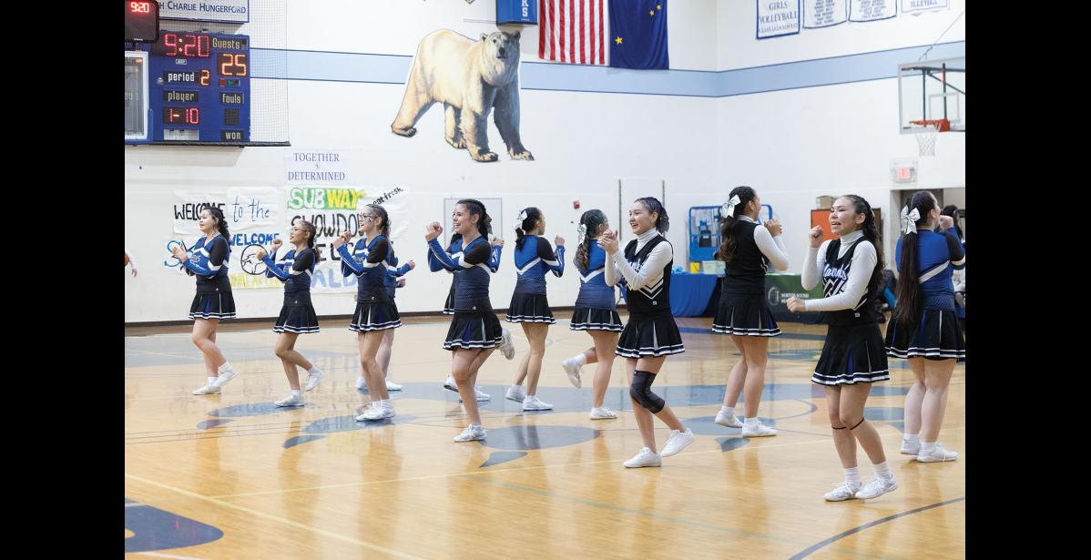 Photo by Ariana Crockett O'Harra HALFTIME – Nome-Beltz Middle High School cheerleaders perform at the halftime of the Lady Nanooks game against the Valdez Buccaneers at the Subway Showdown in the Nome-Beltz Middle High School Gymnasium on Saturday, January 10.