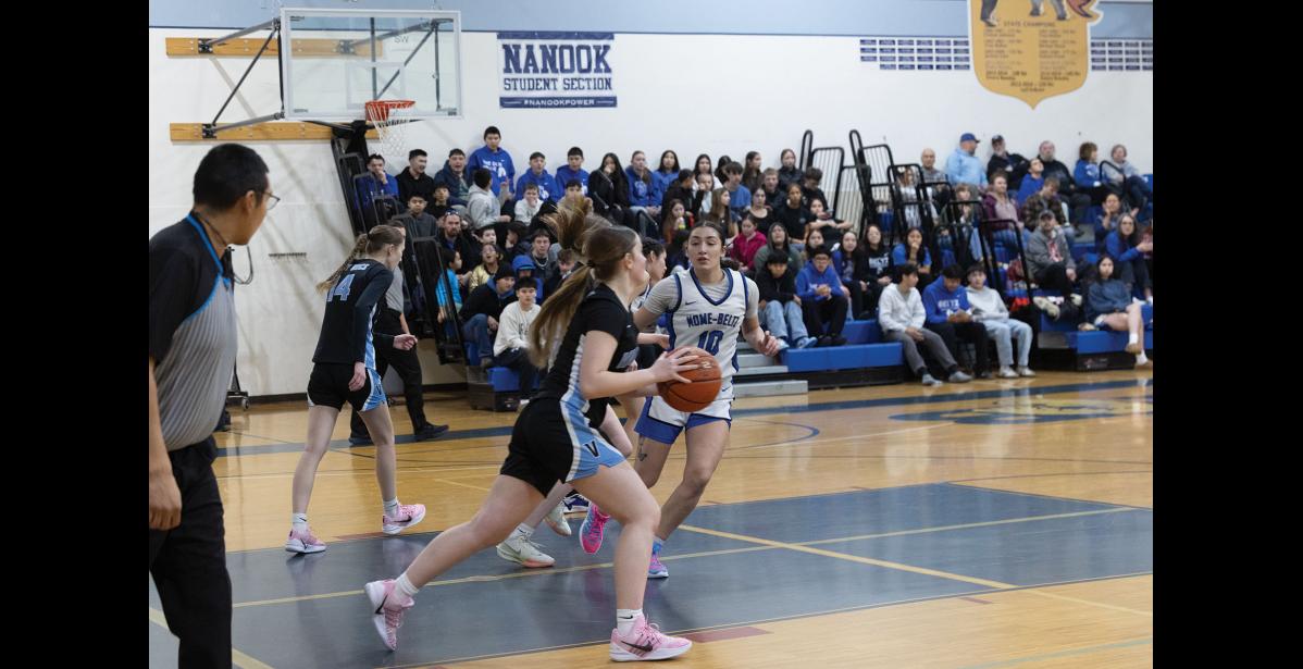 Photo by Ariana Crockett O'Harra INTERCEPT – BrookLynn Crowe rushes to intercept the ball during the Lady Nanooks’ Saturday, January 10 game against the Valdez Buccaneers.