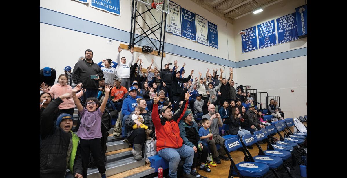 Photo by Ariana Crockett O'Harra HOME CROWD – The home crowd cheers as the Nome-Beltz cheerleaders throw prizes into the bleachers at the annual Subway Showdown on Saturday, January 10.