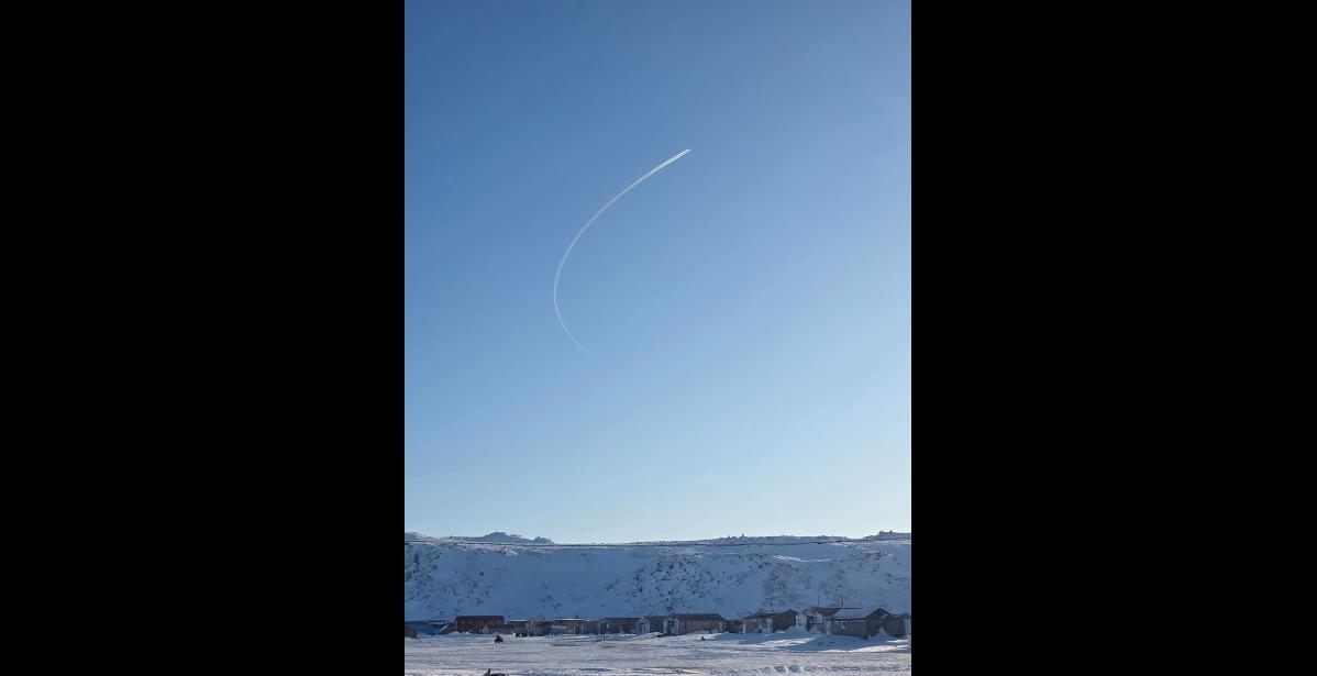Photo by Charla Koozaata CONTRAILS— A suspicious u-turn observed in the sky above Gambell on February 19, 2026.