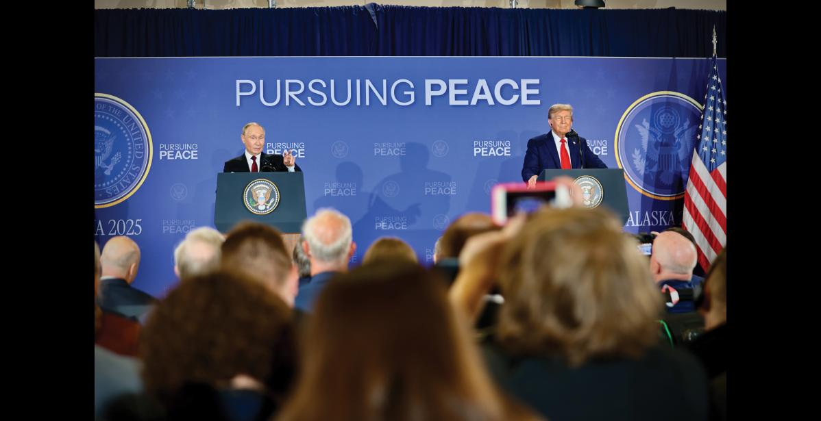 Photo by Jenni Monet Photo by Jenni Monet SUMMIT— President Donald Trump and Russian President Vladimir Putin at a joint press conference Friday, August 15, 2025, at the Arctic Warrior Events Center on Joint Base Elmendorf-Richardson in Anchorage.